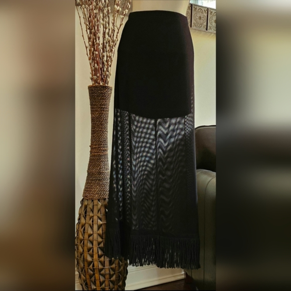 Just Bee Queen Black Maxi Skirt with Fringe Detail